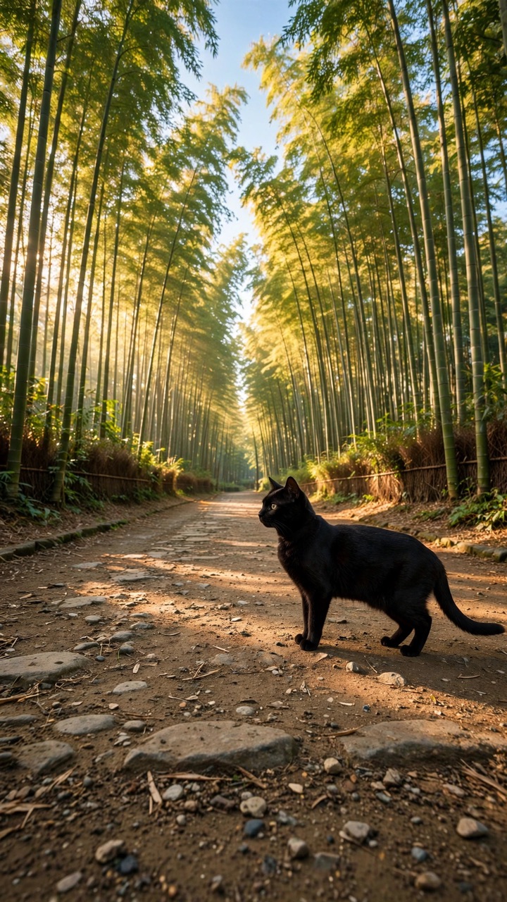 A black cat standing on a path in a bamboo forest in Kyoto at sunrise